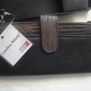 London Stitch Black Brown Leather Wallet NIB